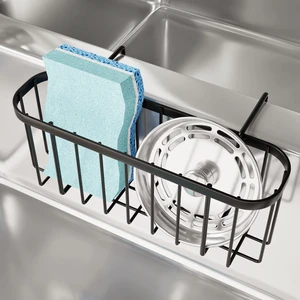 Sponge Holder for Kitchen Sink with Partition, Movable Kitchen Sink Caddy with Compact Size Stainless Steel Hanging Sink Sponge Caddy for Double Bowl Sinks, Black Sponge Holder for Kitchen Sink with Partition, Movable Kitchen Sink Caddy with Compact Size Stainless Steel Hanging Sink Sponge Caddy for Double Bowl Sinks, Black