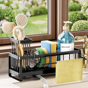 Sponge Holder for Kitchen Sink - Sink Caddy with Brush Holder Self-draining Sponge Caddy Organizer with Divider Stainless Steel Kitchen Accessories Storage for Countertop, Black Sponge Holder for Kitchen Sink - Sink Caddy with Brush Holder Self-draining Sponge Caddy Organizer with Divider Stainless Steel Kitchen Accessories Storage for Countertop, Black
