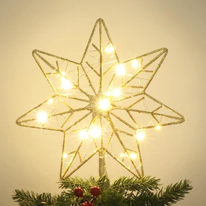 Christmas Tree Topper, Gold Glittered Hollow 7-Point Star Tree Topper, Lighted Wire Star with 20 LED Lights for Christmas Treetop, Xmas Tree Topper with Timer, Christmas Tree Decorations Christmas Tree Topper, Gold Glittered Hollow 7-Point Star Tree Topper, Lighted Wire Star with 20 LED Lights for Christmas Treetop, Xmas Tree Topper with Timer, Christmas Tree Decorations