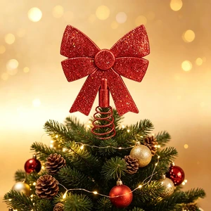 Red Bow Christmas Tree Topper, Xmas Tree Top Decoration | Sparkling Bow Tree Topper with Spring Holder, Festive Christmas Tree Decor for Holiday Home Party Red Bow Christmas Tree Topper, Xmas Tree Top Decoration | Sparkling Bow Tree Topper with Spring Holder, Festive Christmas Tree Decor for Holiday Home Party