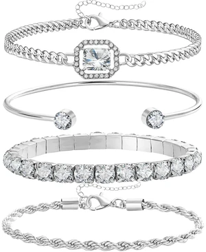 4 Pcs Dainty Silver Bracelets Set for Women, 14K Plated Link | Cubic Zirconia Paperclip Bracelet Stake Layering Chain Adjustable Trendy Hand Jewelry 4 Pcs Dainty Silver Bracelets Set for Women, 14K Plated Link | Cubic Zirconia Paperclip Bracelet Stake Layering Chain Adjustable Trendy Hand Jewelry