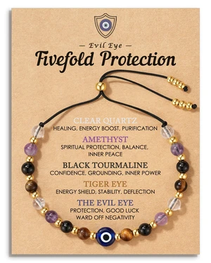 Evil Eye Bracelets Protection Crystal Bracelets for Women | Amethyst, Clear Quartz, Black Tourmaline & Tiger Eye 4mm Beads, Mal de Ojo Charm, Adjustable to 10.2 in Evil Eye Bracelets Protection Crystal Bracelets for Women | Amethyst, Clear Quartz, Black Tourmaline & Tiger Eye 4mm Beads, Mal de Ojo Charm, Adjustable to 10.2 in