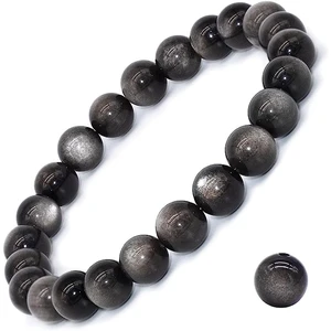 Natural Gemstone Stretch Elastic Bracelet (Silvery Obsidian) | Handmade 8mm Round Stone Beads with Spare Elastic Cord and Bead, Meditation Yoga Crystal Jewelry Gift for Women and Men Natural Gemstone Stretch Elastic Bracelet (Silvery Obsidian) | Handmade 8mm Round Stone Beads with Spare Elastic Cord and Bead, Meditation Yoga Crystal Jewelry Gift for Women and Men
