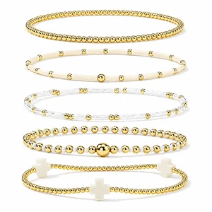 Gold Bracelets for Women,Beaded Cross Stack,Non Tarnish Set,Set-10 | Gold Beaded Bracelet Stack with Stretch Fit, Waterproof Finish and Dainty Design for Everyday Wear and Gifts Gold Bracelets for Women,Beaded Cross Stack,Non Tarnish Set,Set-10 | Gold Beaded Bracelet Stack with Stretch Fit, Waterproof Finish and Dainty Design for Everyday Wear and Gifts