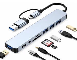 8-in-1 USB C Hub 2-in-1 Connector 4 USB A for Laptop Mac | 2-in-1 USB-A/USB-C connector, 1x USB 3.0 + 3x USB 2.0 + USB-C data, SD/TF dual card slots, 3.5mm audio jack, Plug and play 8-in-1 USB C Hub 2-in-1 Connector 4 USB A for Laptop Mac | 2-in-1 USB-A/USB-C connector, 1x USB 3.0 + 3x USB 2.0 + USB-C data, SD/TF dual card slots, 3.5mm audio jack, Plug and play