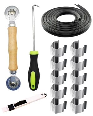 Screen Repair Tool Kit with 32 ft Screen Spline, 5-in-1 | Complete 5-in-1 kit includes 32 ft screen spline, retainer clips 10 Pack, roller tool and removal hook. Screen Repair Tool Kit with 32 ft Screen Spline, 5-in-1 | Complete 5-in-1 kit includes 32 ft screen spline, retainer clips 10 Pack, roller tool and removal hook.