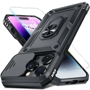 for iPhone 14 Pro Max Phone Case Built in Slide Camera Lens Cover | with Tempered Glass Screen Protector+Finger Ring Holder Kickstand,Heavy Duty Shockproof Full Body Phone Cover,Black for iPhone 14 Pro Max Phone Case Built in Slide Camera Lens Cover | with Tempered Glass Screen Protector+Finger Ring Holder Kickstand,Heavy Duty Shockproof Full Body Phone Cover,Black