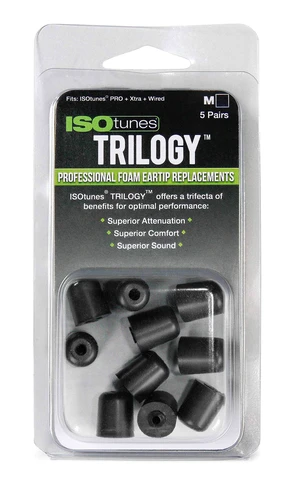Trilogy Foam Ear Protection Eartips (5 Pair Pack, Medium, Black) | Compatible with ISOtunes PRO, Xtra and WIRED earbuds, 5 pairs, medium size, black foam replacement eartips Trilogy Foam Ear Protection Eartips (5 Pair Pack, Medium, Black) | Compatible with ISOtunes PRO, Xtra and WIRED earbuds, 5 pairs, medium size, black foam replacement eartips