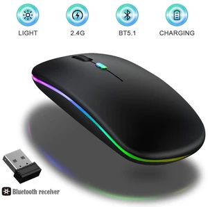 Dual-Mode Bluetooth 5.2 & 2.4GHz Wireless Mouse, Slim Rechargeable Optical Mouse with 7-Color LED Breathing Light, Silent Clicks, 3 Adjustable DPI (800/1200/1600) for Laptops, PC & Tablets, Black Dual-Mode Bluetooth 5.2 & 2.4GHz Wireless Mouse, Slim Rechargeable Optical Mouse with 7-Color LED Breathing Light, Silent Clicks, 3 Adjustable DPI (800/1200/1600) for Laptops, PC & Tablets, Black