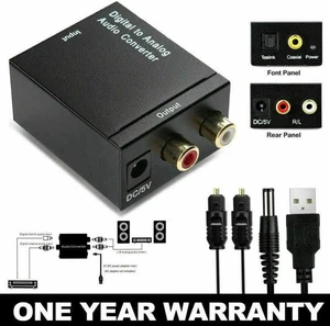 Digital Optical Toslink to Analog Audio Converter SPDIF DAC Adapter with Dual RCA and 3.5mm AUX Stereo Outputs 24-bit PCM and Dolby Digital Support USB Powered Includes Optical Fiber Cable Digital Optical Toslink to Analog Audio Converter SPDIF DAC Adapter with Dual RCA and 3.5mm AUX Stereo Outputs 24-bit PCM and Dolby Digital Support USB Powered Includes Optical Fiber Cable