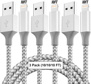 USB Cable for iPhone M-Fi Certified Charging Cord Fast Sync and Data Transfer Nylon Braided 2.1A 480 Mbps Compatible with iPhone 13 12 11 Pro XS Max XR X 8 8P 7 10FT/3M 3 Pack USB Cable for iPhone M-Fi Certified Charging Cord Fast Sync and Data Transfer Nylon Braided 2.1A 480 Mbps Compatible with iPhone 13 12 11 Pro XS Max XR X 8 8P 7 10FT/3M 3 Pack