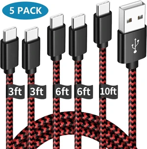 USB A to USB C Charging Cable 5-Pack 3A Fast Charge Data Transfer Cable Set 480Mbps Nylon Braided USB C Cord 3/3/6/6/10 ft Compatible with Galaxy S10 S10e S9 S8 Plus Note 8 Note 9 Note 10 Black&Red USB A to USB C Charging Cable 5-Pack 3A Fast Charge Data Transfer Cable Set 480Mbps Nylon Braided USB C Cord 3/3/6/6/10 ft Compatible with Galaxy S10 S10e S9 S8 Plus Note 8 Note 9 Note 10 Black&Red