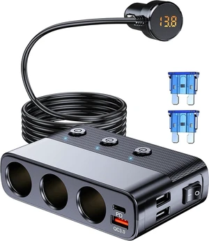 7-1 Cigarette Lighter Splitter 3-Socket Car Charger 12V/24V Adapter with PD 30W USB-C QC3.0 Dual USB Ports Independent Switches Voltage Display For Truck RV SUV 3.3FT Extension Cord 7-1 Cigarette Lighter Splitter 3-Socket Car Charger 12V/24V Adapter with PD 30W USB-C QC3.0 Dual USB Ports Independent Switches Voltage Display For Truck RV SUV 3.3FT Extension Cord