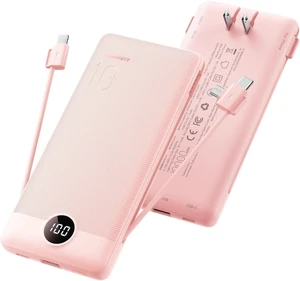 Portable Charger Built-in Cables and Wall Plug, 10000mAh Slim USB C Power Bank, LED Display External Battery Pack Compatible with iPhone/Android & More (Pink) Portable Charger Built-in Cables and Wall Plug, 10000mAh Slim USB C Power Bank, LED Display External Battery Pack Compatible with iPhone/Android & More (Pink)