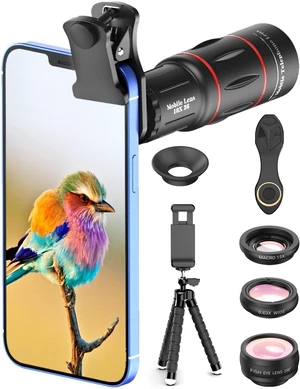 4 in 1 Phone Photography Kit, 18X Telephoto Lens, 198° Fisheye Lens, 15X Macro Lens, 0.63X Wide Angle Lens, Set with Flexible Phone Tripod, for iPhone Pixel 4 in 1 Phone Photography Kit, 18X Telephoto Lens, 198° Fisheye Lens, 15X Macro Lens, 0.63X Wide Angle Lens, Set with Flexible Phone Tripod, for iPhone Pixel