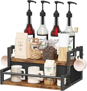 Coffee Syrup Organizer Rack with Coffee Pod Drawers and Cup Hook, 2-Tier Coffee Bar Accessories, Wine Bottle Holder Stand, Wine Rack, Storage Shelves for Syrup. (Rustic Brown) Coffee Syrup Organizer Rack with Coffee Pod Drawers and Cup Hook, 2-Tier Coffee Bar Accessories, Wine Bottle Holder Stand, Wine Rack, Storage Shelves for Syrup. (Rustic Brown)