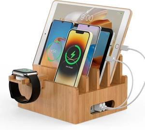 Bamboo Charging Stand with Pack 5 Cables-Natural Bamboo Bamboo Charging Stand with Pack 5 Cables-Natural Bamboo