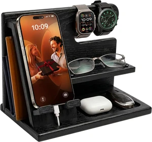Wood Phone Docking Station for Men - Desktop or Nightstand Organizer - Birthday Gifts for Men, Dad - Anniversary Idea from Wife - Key Holder, Stand Wallet, Watch & Essentials (Granite Black) Wood Phone Docking Station for Men - Desktop or Nightstand Organizer - Birthday Gifts for Men, Dad - Anniversary Idea from Wife - Key Holder, Stand Wallet, Watch & Essentials (Granite Black)