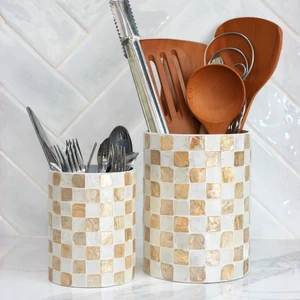 7.4"+5.8" Capiz Ivory Checkered Cooking Utensil Holder Set 2 7.4"+5.8" Capiz Ivory Checkered Cooking Utensil Holder Set 2