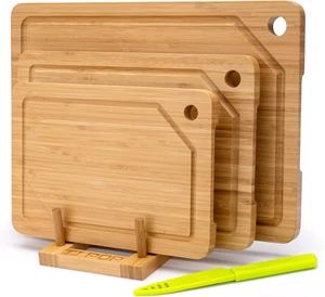 Bamboo Cutting Board Set, 3-Piece Cutting Board with Stand & Hanging Hole Bamboo Cutting Board Set, 3-Piece Cutting Board with Stand & Hanging Hole