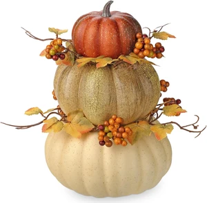 Artificial Pumpkin Fall Décor - Autumn Table Centerpieces with Faux Berries, Maple Leaves, Stacked Pumpkins Halloween, Thanksgiving & Harvest Home Decoration Artificial Pumpkin Fall Décor - Autumn Table Centerpieces with Faux Berries, Maple Leaves, Stacked Pumpkins Halloween, Thanksgiving & Harvest Home Decoration