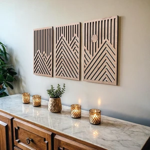 Modern Wooden Wall Sculptures - Set of 3 - Home Decor Accent - Large Wall Art for Living Room, Bedroom, Office - Easy Installation (Oak, Medium - Mountain and Sun) Modern Wooden Wall Sculptures - Set of 3 - Home Decor Accent - Large Wall Art for Living Room, Bedroom, Office - Easy Installation (Oak, Medium - Mountain and Sun)