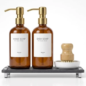 Kitchen Soap Dispenser Set, 2 Pack 16oz Amber Glass Dish Soap and Hand Soap Dispenser with Gold Stainless Steel Pumps, Quick Dry Tray, Dish Brush & Holder, Refillable Soap Dispenser for Kitchen Sink Kitchen Soap Dispenser Set, 2 Pack 16oz Amber Glass Dish Soap and Hand Soap Dispenser with Gold Stainless Steel Pumps, Quick Dry Tray, Dish Brush & Holder, Refillable Soap Dispenser for Kitchen Sink