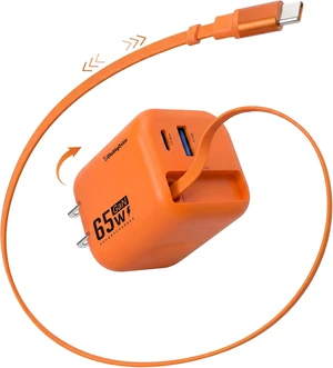 65W GaN Wall Charger with Retractable USB C Cable, Orange 65W GaN Wall Charger with Retractable USB C Cable, Orange
