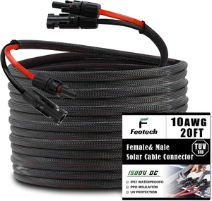 Twin Wire 20FT Solar Extension Cable - 10AWG (6mm²) Solar Panel Connector, with 4 Pairs-IP67-Male/Female Solar connectors for Outdoor Automotive RV Boat Marine Solar Panel- Black & Red Twin Wire 20FT Solar Extension Cable - 10AWG (6mm²) Solar Panel Connector, with 4 Pairs-IP67-Male/Female Solar connectors for Outdoor Automotive RV Boat Marine Solar Panel- Black & Red