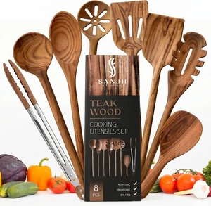 Teak Wooden Utensil Set for Cooking - 8 Piece Teak Wooden Spoons Set Teak Wooden Utensil Set for Cooking - 8 Piece Teak Wooden Spoons Set