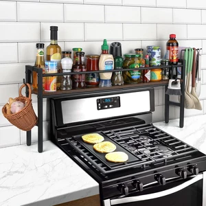 Spice Rack Shelf for Kitchen Stove, Over the Stove Shelf with 4 Hooks Extra Storage Countertop, Rustic Wood & Solid Metal Commbined Stove Shelf for Storage Seasoning, Easy to Assemble Spice Rack Shelf for Kitchen Stove, Over the Stove Shelf with 4 Hooks Extra Storage Countertop, Rustic Wood & Solid Metal Commbined Stove Shelf for Storage Seasoning, Easy to Assemble