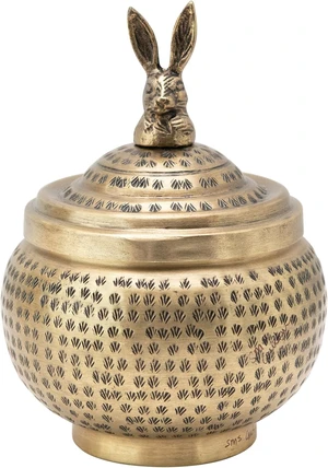 Round Hammered Metal Container with Rabbit Finial, Brass Finish Round Hammered Metal Container with Rabbit Finial, Brass Finish