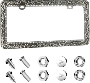 Metal Car License Plate Frames,Antique Old Pattern Printing, Bling Crystal Rhinestones Inlaid,Universal 2 Holes Automotive Replacement Parts Plate Holder(1 Pack) Metal Car License Plate Frames,Antique Old Pattern Printing, Bling Crystal Rhinestones Inlaid,Universal 2 Holes Automotive Replacement Parts Plate Holder(1 Pack)
