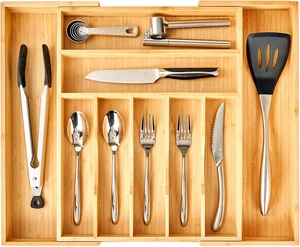 Large Expandable Kitchen Silverware Utensils Drawer Organizer, 2.5" Extra High Adjustable Drawer Divider with Curved Grooves, Bamboo Wood Cutlery Tray Flatware Holder Large Expandable Kitchen Silverware Utensils Drawer Organizer, 2.5" Extra High Adjustable Drawer Divider with Curved Grooves, Bamboo Wood Cutlery Tray Flatware Holder