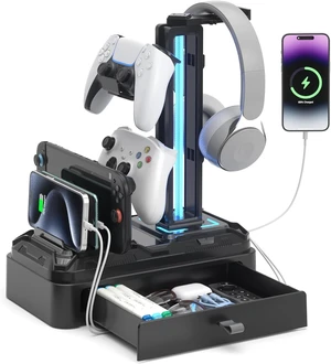 Headphone Stand with USB A&C Charger Ports - RGB Controller Stand with Detachable Hooks - Rotatable Headset Hanger & Device Slot for Phones/Tablets - Drawer Storage Base for Gaming Desk Organizer Headphone Stand with USB A&C Charger Ports - RGB Controller Stand with Detachable Hooks - Rotatable Headset Hanger & Device Slot for Phones/Tablets - Drawer Storage Base for Gaming Desk Organizer