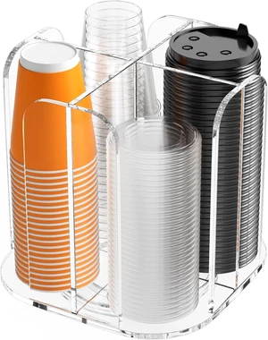 Rotatable 4-Compartment Acrylic Cup Dispenser - Coffee Station Cup and Lid Carousel Countertop Plastic Cup Holder for Restaurant Breakroom Coffee Bar Rotatable 4-Compartment Acrylic Cup Dispenser - Coffee Station Cup and Lid Carousel Countertop Plastic Cup Holder for Restaurant Breakroom Coffee Bar