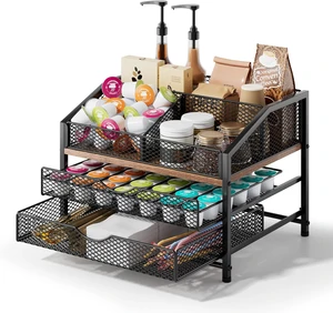 Coffee Bar Organizer for Countertop, Coffee Station Organizer with Removable Dividers, Metal and Wood K Cup Holder Storage Basket for Pods, Syrup, Stirrer and Condiment, Black and Brown Coffee Bar Organizer for Countertop, Coffee Station Organizer with Removable Dividers, Metal and Wood K Cup Holder Storage Basket for Pods, Syrup, Stirrer and Condiment, Black and Brown