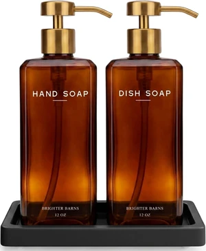 Luxury Glass Hand and Dish Soap Dispenser Set by - 12oz Kitchen Soap Dispenser with Pump and Ceramic Tray for Kitchen Sink - Gold Home Decor for Vacation Rental, Restaurant (Amber/Gold) Luxury Glass Hand and Dish Soap Dispenser Set by - 12oz Kitchen Soap Dispenser with Pump and Ceramic Tray for Kitchen Sink - Gold Home Decor for Vacation Rental, Restaurant (Amber/Gold)