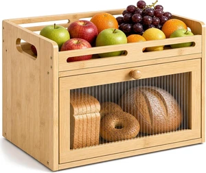 Bread Box for Kitchen Countertop, Bamboo Storage Container with Top Shelf Bread Box for Kitchen Countertop, Bamboo Storage Container with Top Shelf