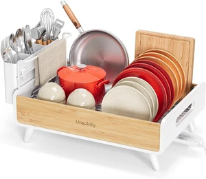 Bamboo Dish Drying Rack for Kitchen Counter, Stainless Steel,White Bamboo Dish Drying Rack for Kitchen Counter, Stainless Steel,White