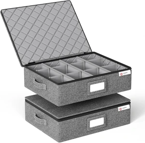 Cup and Mug Storage Box with Hard Shell and Dividers for Coffee Mugs,Tea Cups and Glasses,Stackable Storage Organizers with Lid,Handles,Zips and Label for Moving,Holds 24,2 Pack, Grey Cup and Mug Storage Box with Hard Shell and Dividers for Coffee Mugs,Tea Cups and Glasses,Stackable Storage Organizers with Lid,Handles,Zips and Label for Moving,Holds 24,2 Pack, Grey