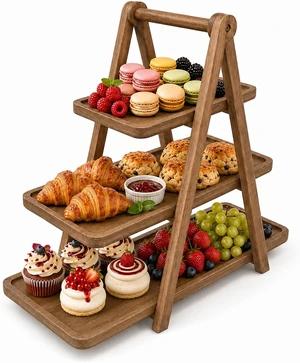 Acacia Wood 3 Tier Foldable Serving Tray, Farmhouse Tiered Display Stand for Charcuterie, Cheese, Desserts & Snacks, Wooden Organizer for Kitchen Counter, Coffee Bar and Party Entertaining Acacia Wood 3 Tier Foldable Serving Tray, Farmhouse Tiered Display Stand for Charcuterie, Cheese, Desserts & Snacks, Wooden Organizer for Kitchen Counter, Coffee Bar and Party Entertaining