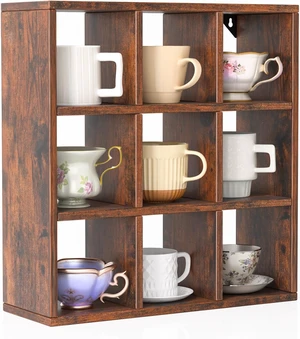 9 Grid Vintage Coffee Mug Display Rack, 16inch Wall Mounted Wooden Curio Shadow Box Shelf, Cup Floating Shelves Display and Organizer (Bronze) 9 Grid Vintage Coffee Mug Display Rack, 16inch Wall Mounted Wooden Curio Shadow Box Shelf, Cup Floating Shelves Display and Organizer (Bronze)