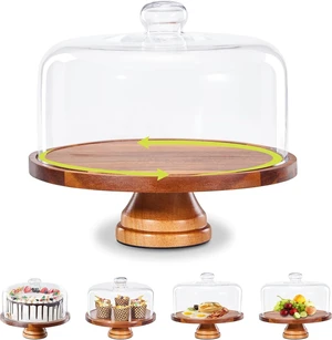 11in Acacia Wood Cake Stand with Lid, Cake Plate with Glass Dome 11in Acacia Wood Cake Stand with Lid, Cake Plate with Glass Dome