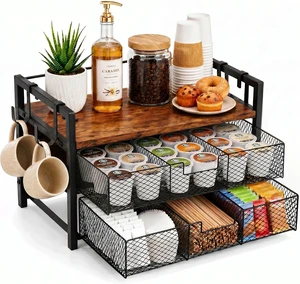 Coffee Station Organizer, Countertop Coffee Bar Holder with 2 Drawers, 4 Side Hooks, Holds 36 K Cups, Coffee Pods, Capsules, Rustic Brown Storage for Tea Bags, Syrup, Kitchen, Apartment, Home, Office Coffee Station Organizer, Countertop Coffee Bar Holder with 2 Drawers, 4 Side Hooks, Holds 36 K Cups, Coffee Pods, Capsules, Rustic Brown Storage for Tea Bags, Syrup, Kitchen, Apartment, Home, Office