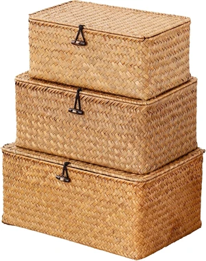 Wicker Storage Basket with Lid,Seagrass Shelf Basket Set of 3,Nautral Wicker Storage Basket with Lid,Seagrass Shelf Basket Set of 3,Nautral