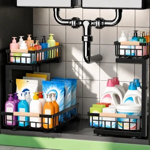 Under Sink Organizer 2 Pack, Double Slide Out Metal Shelf, Black Under Sink Organizer 2 Pack, Double Slide Out Metal Shelf, Black