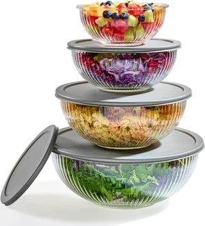8pc Ribbed Glass Mixing Bowls with Leakproof Airtight Lids - BPA-Free Meal Prep Stackable Space Saving Nesting, Kitchen Baking Food Storage & Serving Containers - Microwave, Freezer, Dishwasher Safe. 8pc Ribbed Glass Mixing Bowls with Leakproof Airtight Lids - BPA-Free Meal Prep Stackable Space Saving Nesting, Kitchen Baking Food Storage & Serving Containers - Microwave, Freezer, Dishwasher Safe.