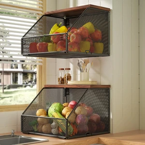 Stackable Fruit Basket for Kitchen Countertop Space Saving, Wall Mounted Mesh Metal Wire Basket with Wood Lid Extra Storage, 2 Pack Kitchen Counter Organizer for Snack, Onion and Potato Storage, Black Stackable Fruit Basket for Kitchen Countertop Space Saving, Wall Mounted Mesh Metal Wire Basket with Wood Lid Extra Storage, 2 Pack Kitchen Counter Organizer for Snack, Onion and Potato Storage, Black