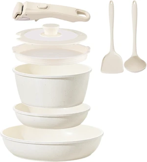 Ceramic Cookware Set Non Stick 8Pcs Pots and Pans Set Detachable Handle Induction Kitchen Cooking Set with Frying Pans Oven Dishwasher Safe, PFAS/PFOA Free, Cream White Ceramic Cookware Set Non Stick 8Pcs Pots and Pans Set Detachable Handle Induction Kitchen Cooking Set with Frying Pans Oven Dishwasher Safe, PFAS/PFOA Free, Cream White
